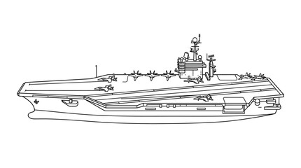 Detailed line drawing of a military warship with various deck features and superstructure against a plain white background. © Dhiyak Boneto