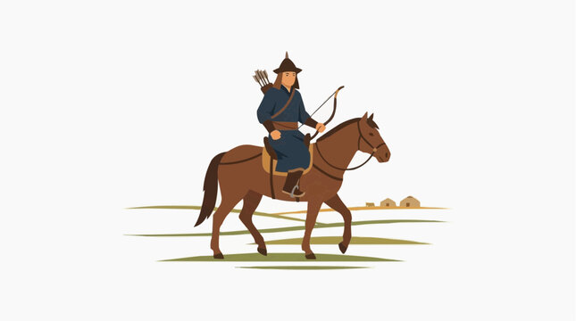 Mongol Warrior Archer Riding Horse in Steppe Landscape with Yurts