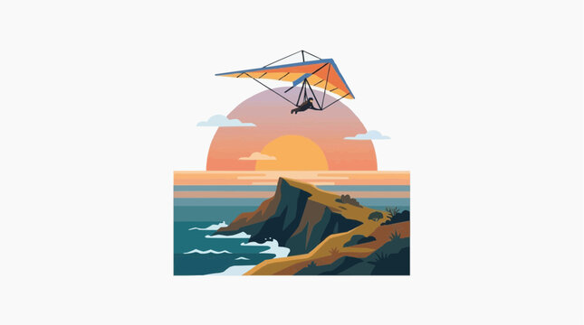 Hang glider soaring over ocean cliff at sunset with vibrant sky and clouds