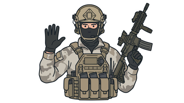Cartoon illustration of a masked soldier in tactical gear waving and holding a rifle on a plain white background.