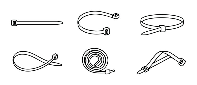 Cable ties vector icons set, plastic zip fasteners in various states of use, industrial binding strips for electrical wire management, black outline illustration on white background, construction supp