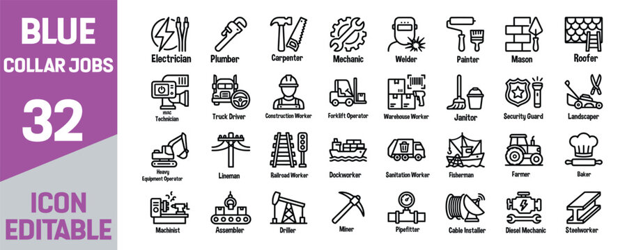 Collection of 32 editable Blue collar job icons. Thin line editable stroke vector illustrations.
