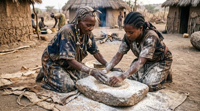 Traditional grain milling by women in a west african village culturally rich environment close-up view
