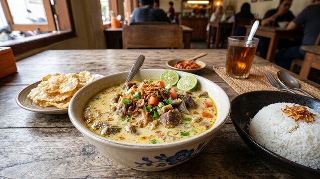 Authentic soto Betawi from Jakarta, creamy beef soup in coconut milk broth with tomatoes and crackers. Traditional Indonesian capital city specialty, rich and comforting.