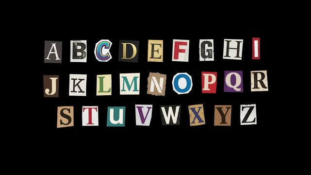 Full English Alphabet Animated in Ransom Note Style, Vintage Cut Out Paper Letters From Newspapers and Magazines, Stop Motion Grunge Typography on Black Background, Retro Punk Font Animation