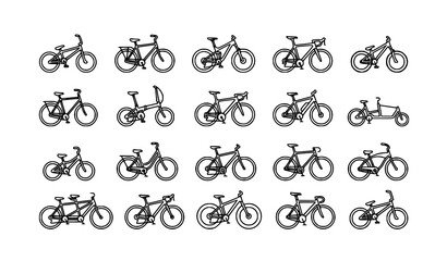 Fototapeta premium 20 Bicycle Types Linear Icon Set with BMX Mountain Touring and Electric Bike Outline Symbols