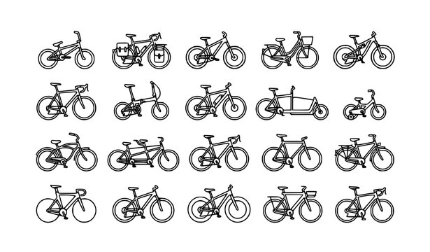 20 Bicycle Types Outline Icons Featuring BMX Touring Mountain and Electric Bikes