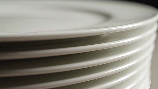 Stack of clean white ceramic plates close up macro shot.