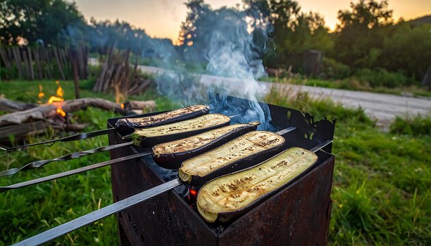 Grilled flatbreads on skewers over campfire.