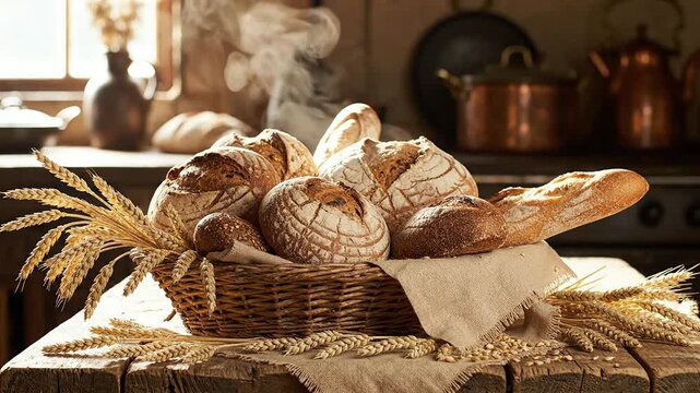 Artisanal Breads in a Rustic Basket with Wheat Stalks on a Wooden Table in a Charming Kitchen Setting