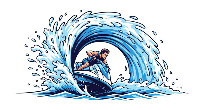 Man riding a jet ski through a large ocean wave, dynamic water sports illustration