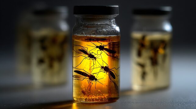 Mosquitoes preserved in amber liquid inside glass specimen vials