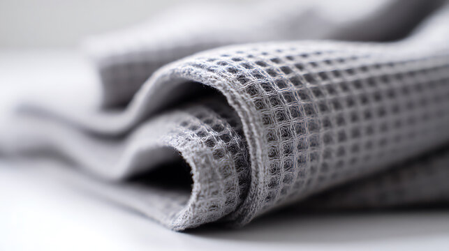Soft Grey Waffle Weave Textile Detail, Folded Cloth with Textured Surface, Fabric Close-up, Cozy and Absorbent Material on White Background