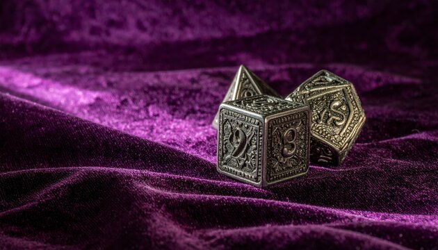 Intricately engraved antique silver dice set resting on luxurious purple velvet, perfect for tabletop roleplaying games.