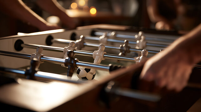 Dynamic close-up of hands engage in a thrilling foosball game, capturing excitement and friendly competition at a social gathering or bar event