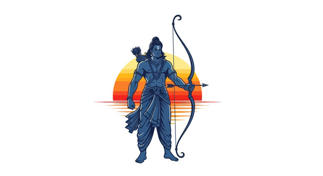 Lord Rama with Bow and Arrow, Sunset Background, Hindu Deity