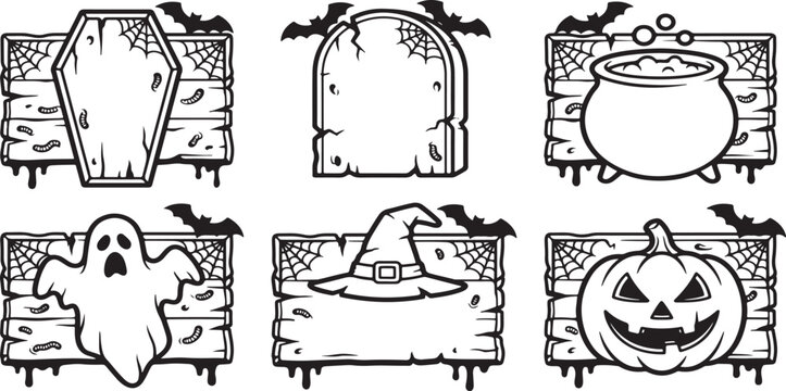 Spooky Halloween Signs: A collection of eerie illustrated signs, perfect for Halloween, featuring iconic symbols like a coffin, tombstone, cauldron, ghost, witch's hat, and pumpkin.