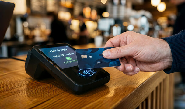 Person paying with a contactless credit card at a modern cafe payment terminal