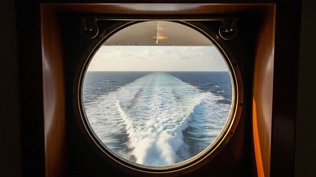 A view of the ocean wake through a circular ship window at sunset