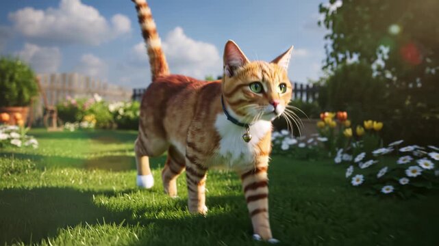 An orange tabby cat walking through a garden with flowers and grass