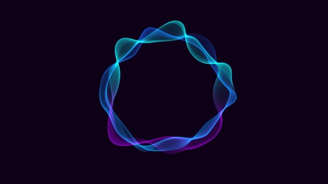 Futuristic Neon Circle Wave Loop Animation Background. Glowing circular flowing blue and purple mesh ribbons on a dark background. smooth transparent curves and fluid motion, 
