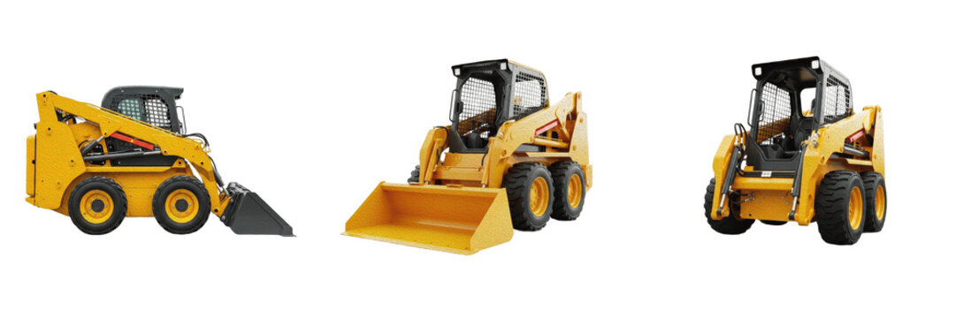 Yellow skid steer loader construction vehicle premium PNG stock photo, realistic industrial earthmoving machinery bobcat isolated on white background asset