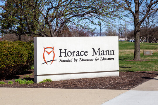 Springfield, Illinois, USA - March 26, 2022: The ground sign at Horace Mann headquarters in Springfield, Illinois, USA. Horace Mann is an American life insurance and financial services company. 
