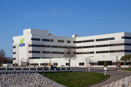 Decatur, Illinois, USA - March 26, 2022: ADM (Archer Daniels Midland Company) office building in Decatur, Illinois, USA. ADM is an American multinational food processing and commodities trading corpor