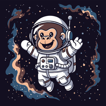 A cheerful cartoon monkey astronaut in a white spacesuit, floating with open arms and a happy smile.