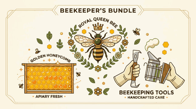 Bee on honeycomb with beekeeping tools.