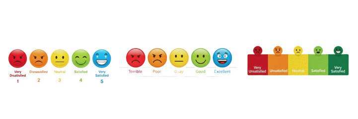 Naklejka premium Emoji feedback rating scale icons premium PNG stock photo, realistic round customer satisfaction face gauge element isolated on white background asset
