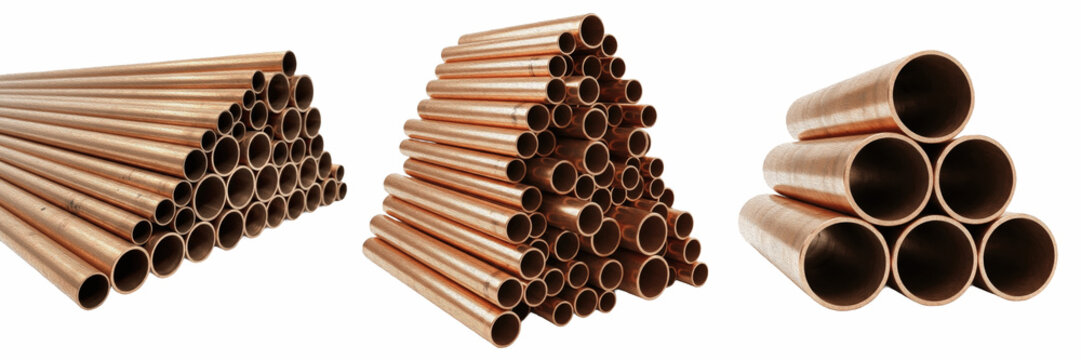 Copper pipes stacked bundle premium PNG stock photo, realistic industrial plumbing construction material isolated on white background design asset
