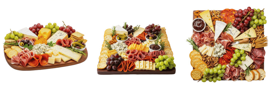 Charcuterie board assorted appetizers premium PNG stock photo, realistic catering platter cheese meat fruit snack isolated on white background design asset
