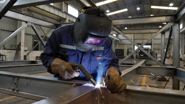 Welder in a factory working on a metal frame with sparks flying everywhere
