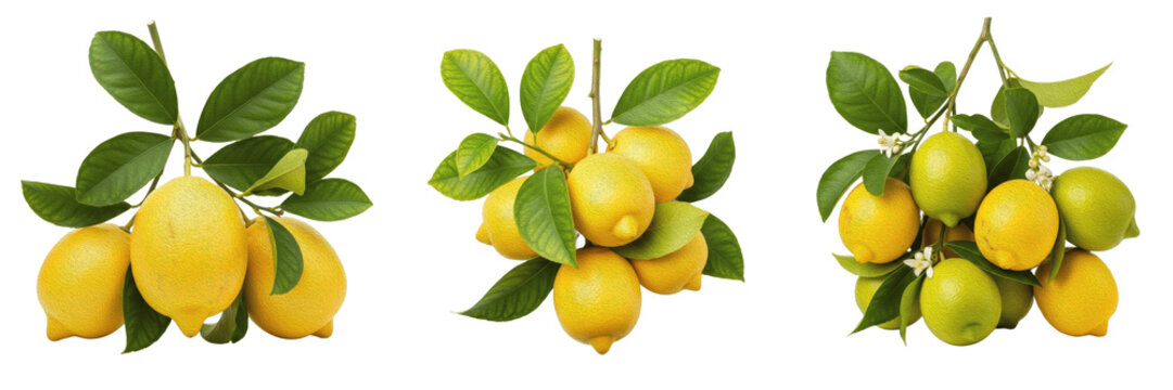 Fresh yellow lemons branch with leaves premium PNG stock photo, realistic citrus organic fruit bundle culinary seasoning isolated on white background