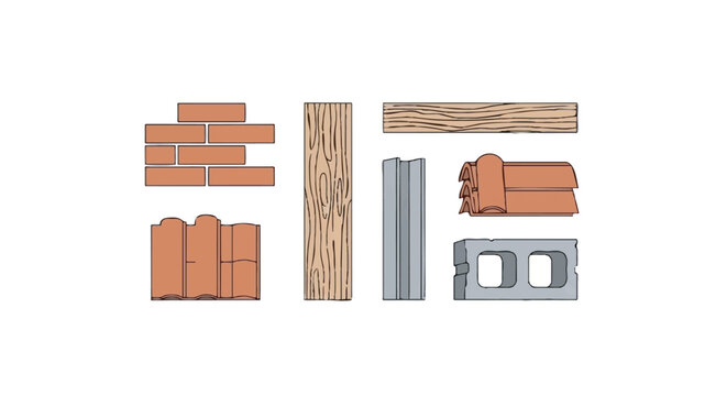 Construction Building Materials Set Illustration with Bricks, Wood Timber, Roof Tiles, Steel Beam, and Concrete Cinder Block isolated on White Background