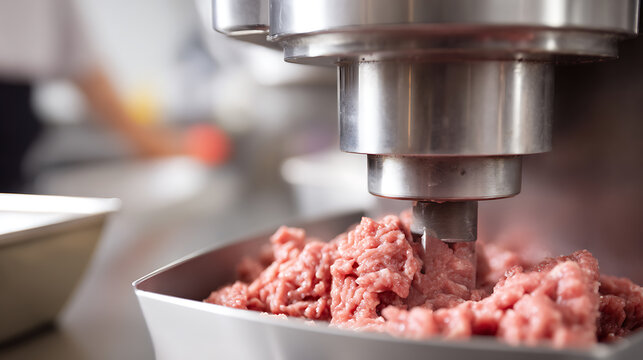 Industrial-Grade Meat Grinder Processing Fresh Raw Ground Meat in a Silver Tray, Close-up View of the Culinary Preparation Process