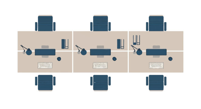 Modern Minimalist Office Layout Illustration Top View with Workstations, Computers, and Chairs for Corporate and Coworking Concepts