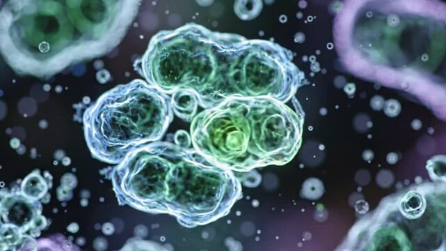 A video showcasing a cluster of green and blue cells in a dark environment with various particles