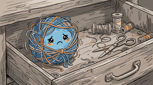 Ball of tangled blue yarn.