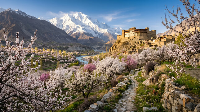 Baltit fort in hunza valley with blooming apricot trees and rakaposhi peak