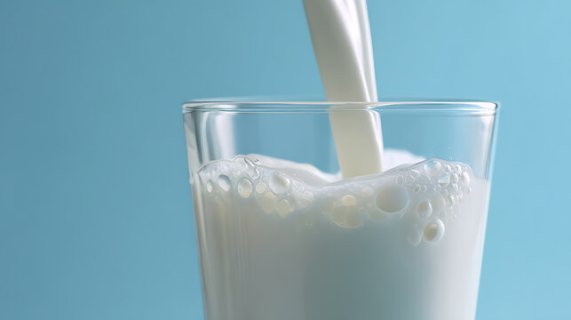 Fresh Milk Pour Into Clear Glass with Bubbles Creating Splash and Foam Against Vibrant Blue Background, Healthy Dairy Beverage Concept