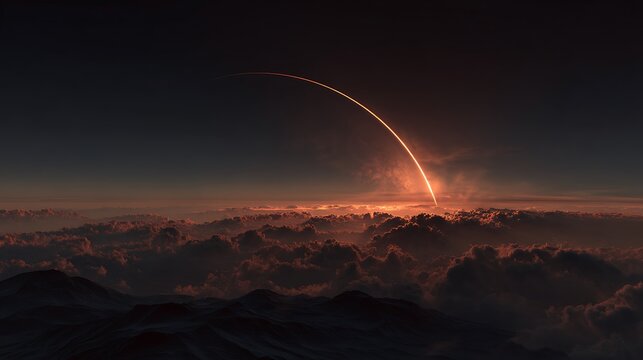 Rocket launch trail arching over a dramatic cloudscape at sunset