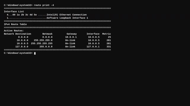 Advanced Windows networking showing local IPv4 routing table for enterprise IT engineering
