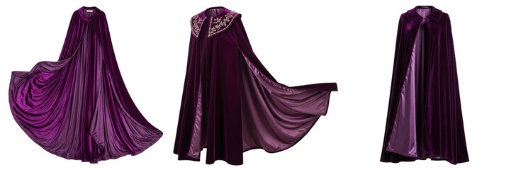 Naklejka premium Isolated Royal Purple Velvet Cape Elegant Hooded Cloak Halloween Costume Garment on Plain White Background as High Quality Cutout PNG Set Asset File