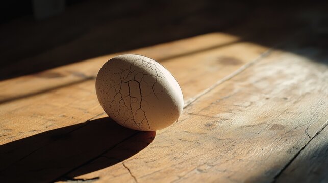 A cracked egg is sitting on a textured wooden surface