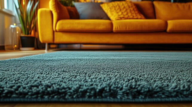 A low angle view shows a fluffy carpet and a couch
