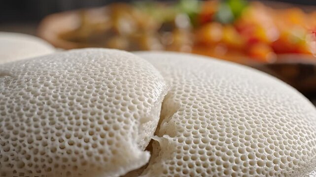 Closeup of Injera bread with stew in the background.