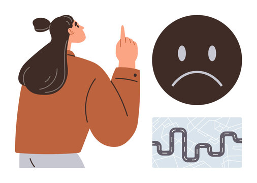 Problem-solving, decision-making, emotion, confusion, navigation, guidance. Woman pointing up with sad face icon and zigzag path on a map. Problem-solving and decision-making concept