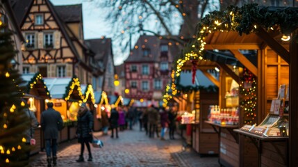 Fototapeta premium Festive holiday market bustling with joy and sparkle in a charming village during dusk
